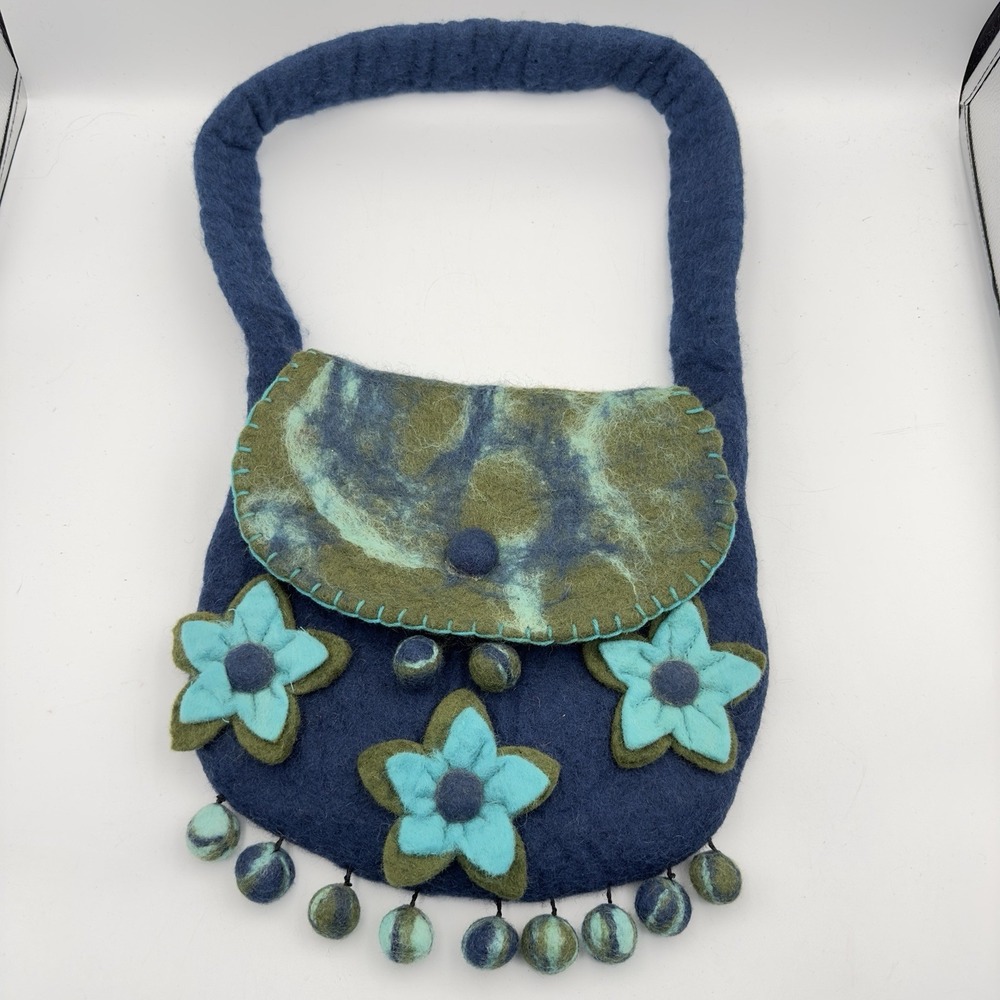 Rising Tide Boho Felted 100% Wool Purse Blue Green Floral Bag‎ Made In Nepal